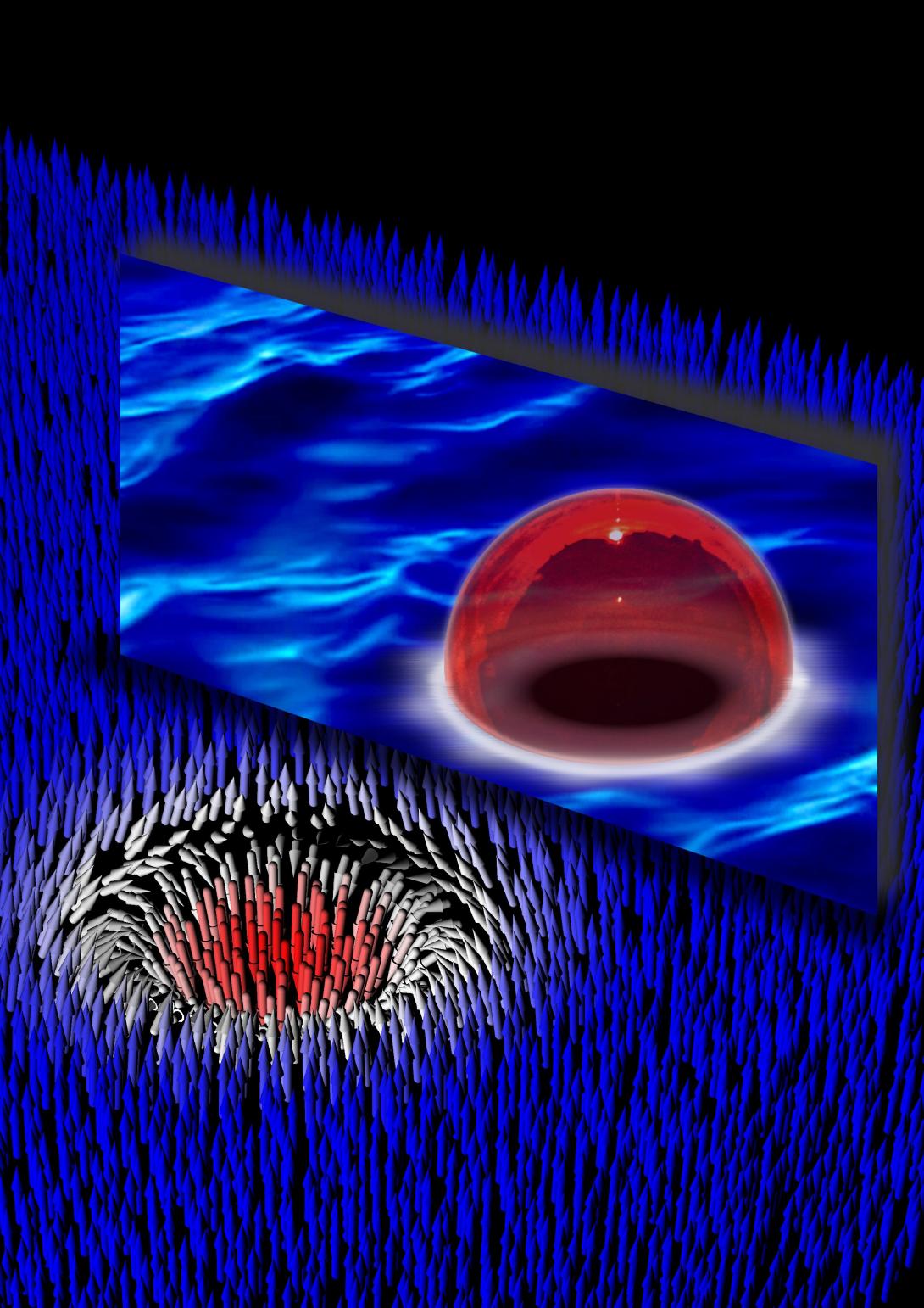 Ultracold sodium atoms, prepared in a false vacuum state (blue), decay to the true vacuum (red) through the formation of bubbles".